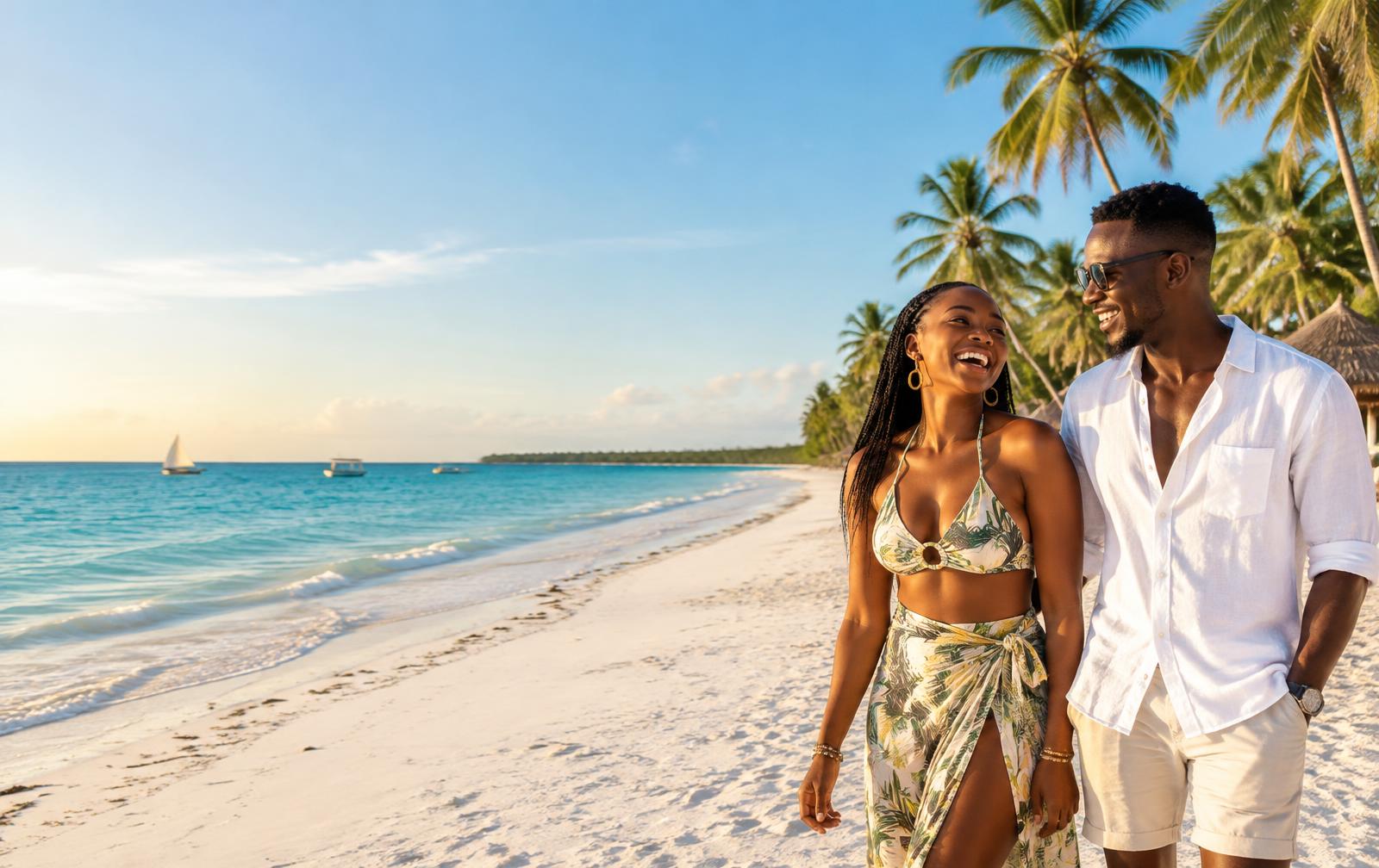 Couple laughing on a Kenyan coast beach